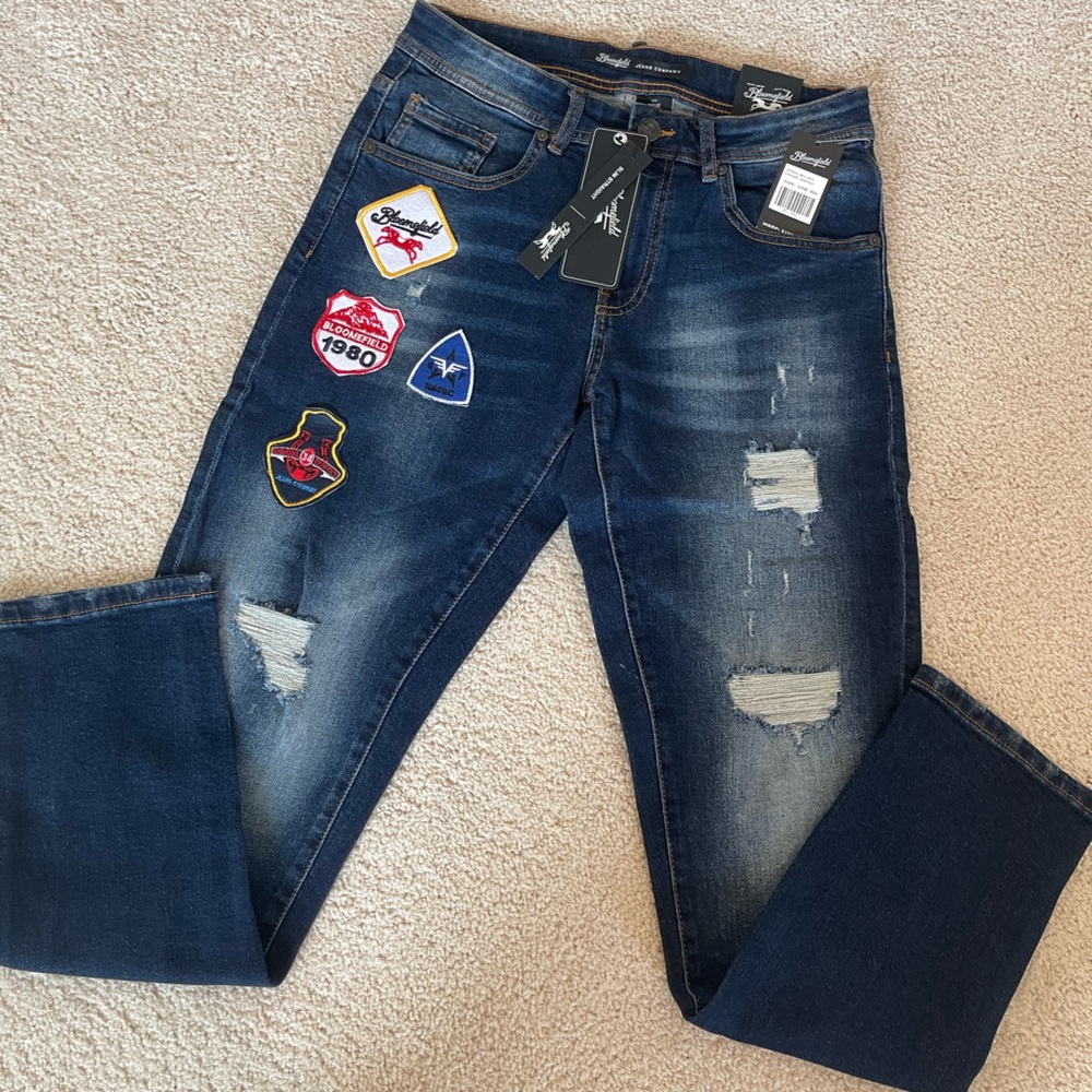 Blue Slim Straight Jeans with Distressed Patches